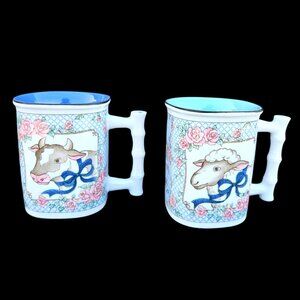 Set of 2 Takahashi Farm Animal Mugs Cow Sheep Floral 1980s 90s Porcelain